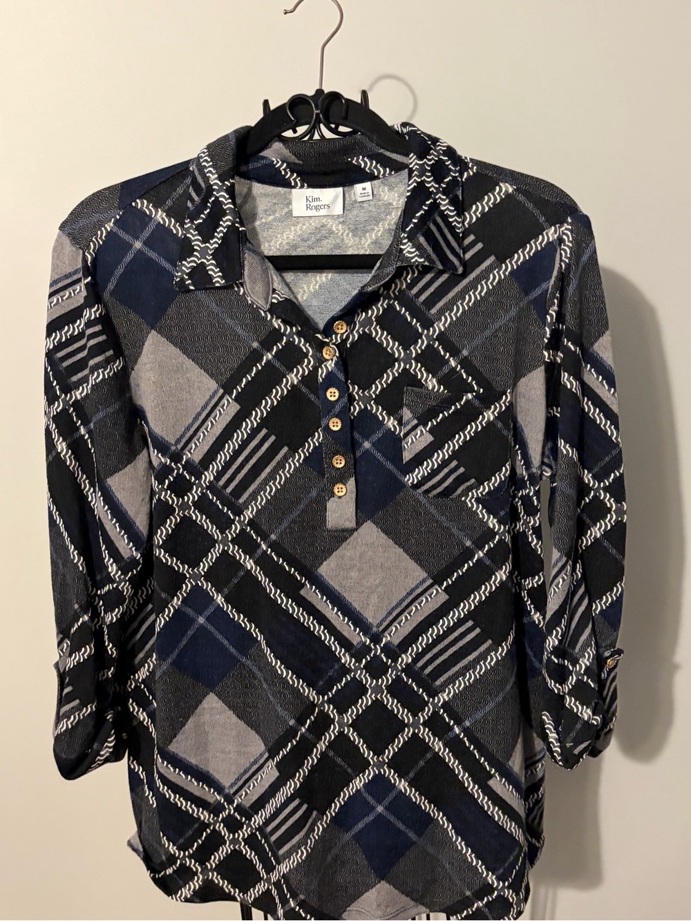 Kim Rogers Navy and Gray Plaid Button-Front Tunic shirt top blouse medium